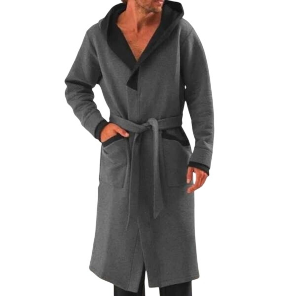 LUNYA Mens Lahgo Robe Grey Textured Hooded‎ Belted Long Sleeve Lounge Wear Sz M